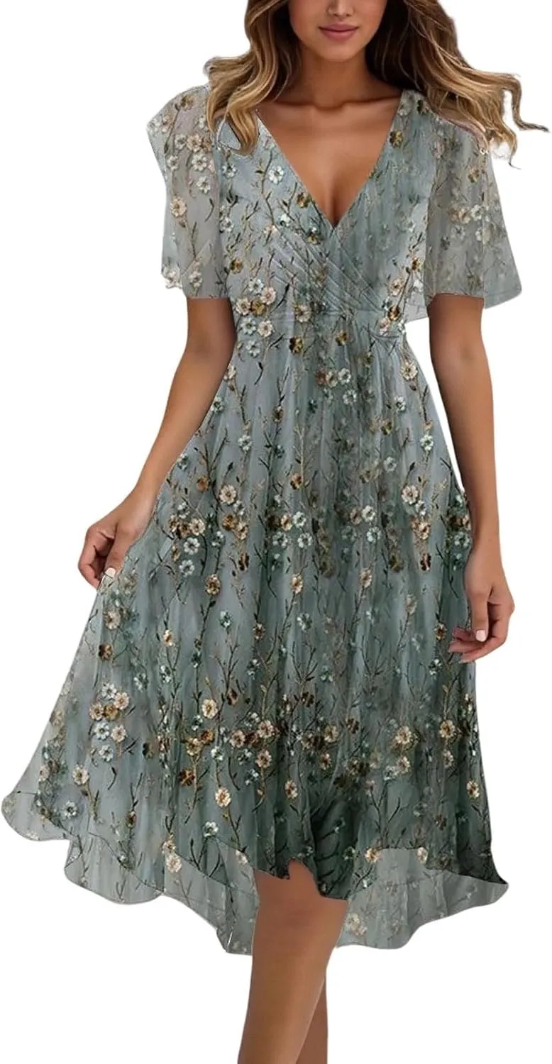 Womens Boho Floral Printed Chiffon Dresses 2025 Elegant V Neck Short Sleeve Belted Summer Wedding Prom Midi Dress