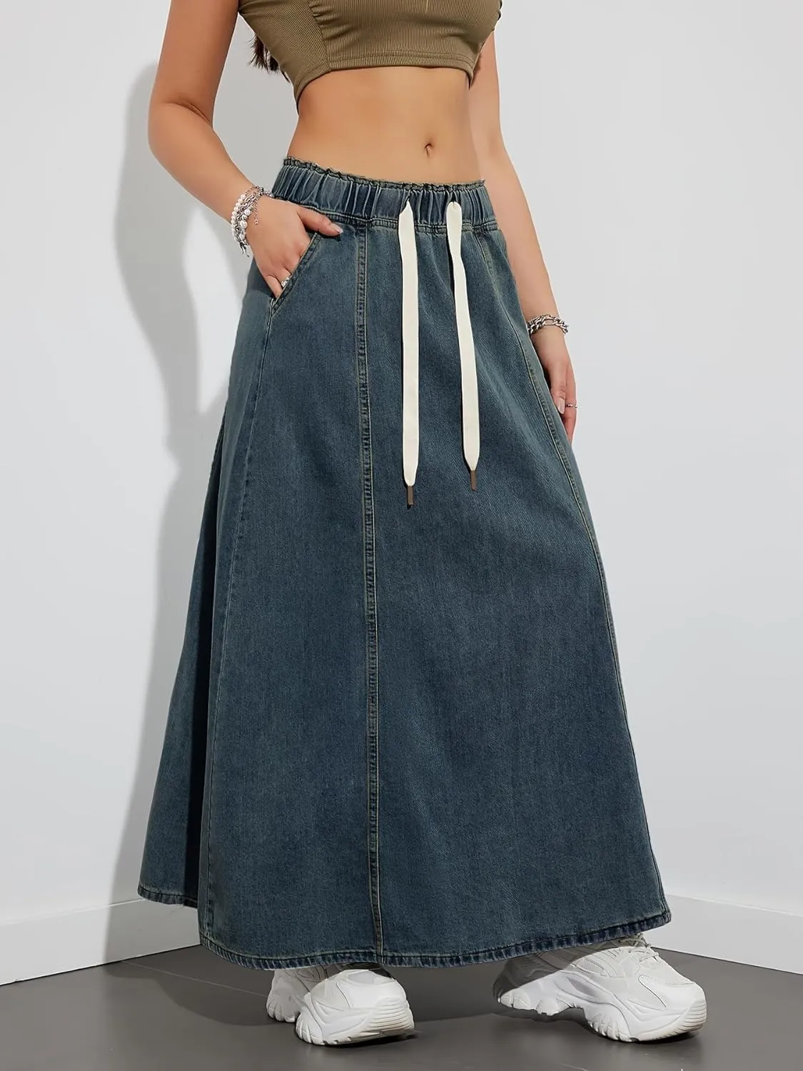 Womens Casual Paperbag Elastic High Waist A-Line Maxi Denim Skirt