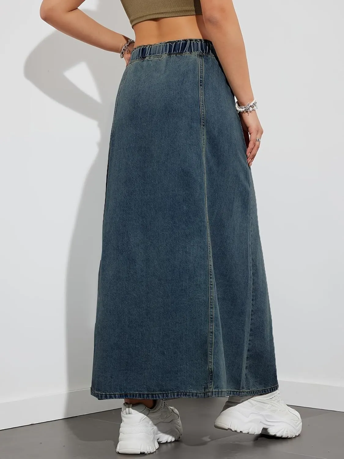 Womens Casual Paperbag Elastic High Waist A-Line Maxi Denim Skirt