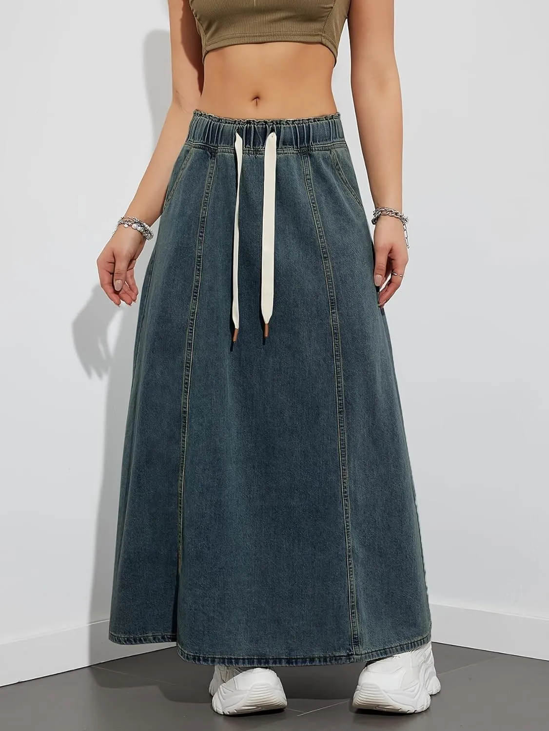 Womens Casual Paperbag Elastic High Waist A-Line Maxi Denim Skirt