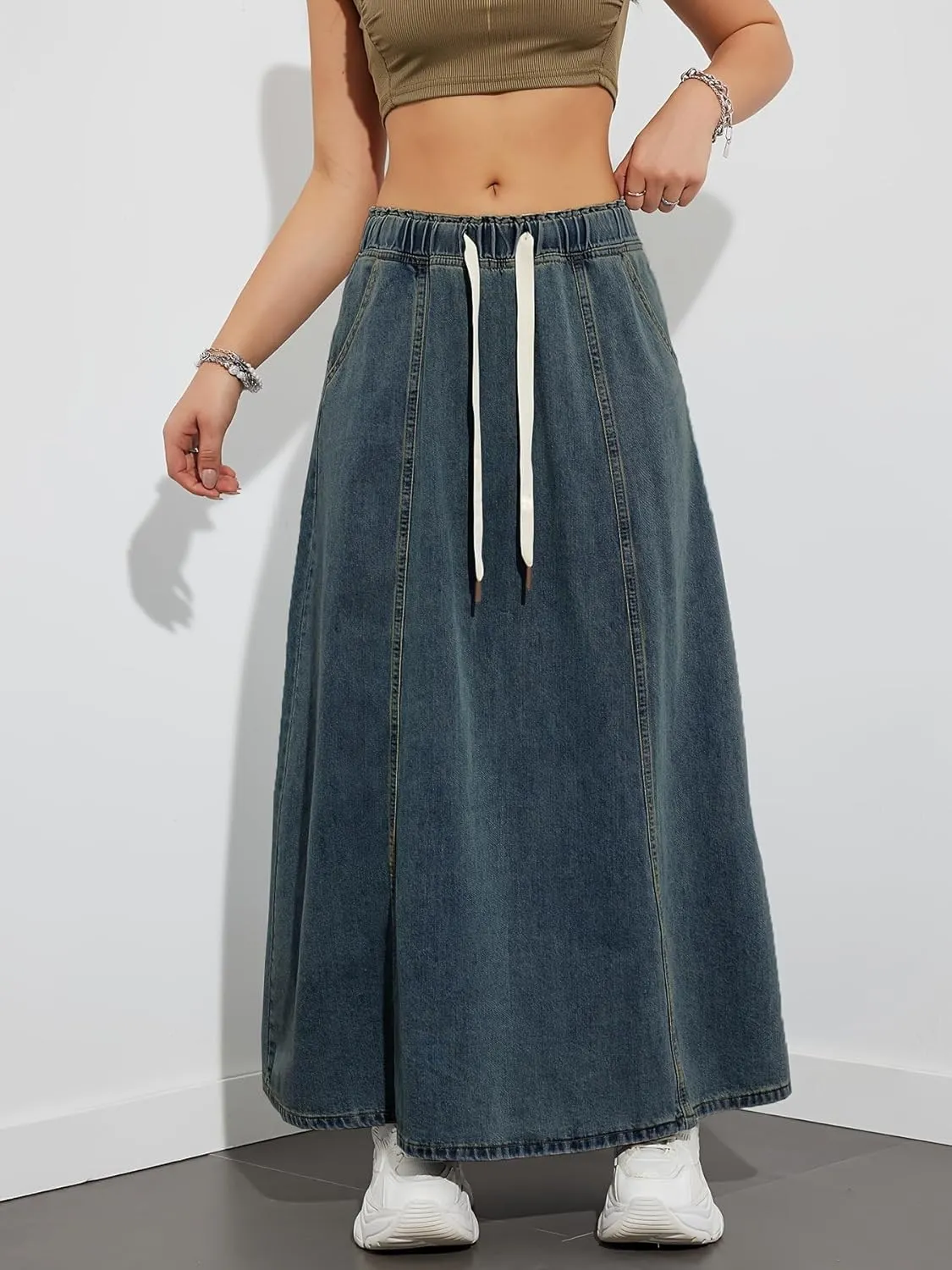 Womens Casual Paperbag Elastic High Waist A-Line Maxi Denim Skirt