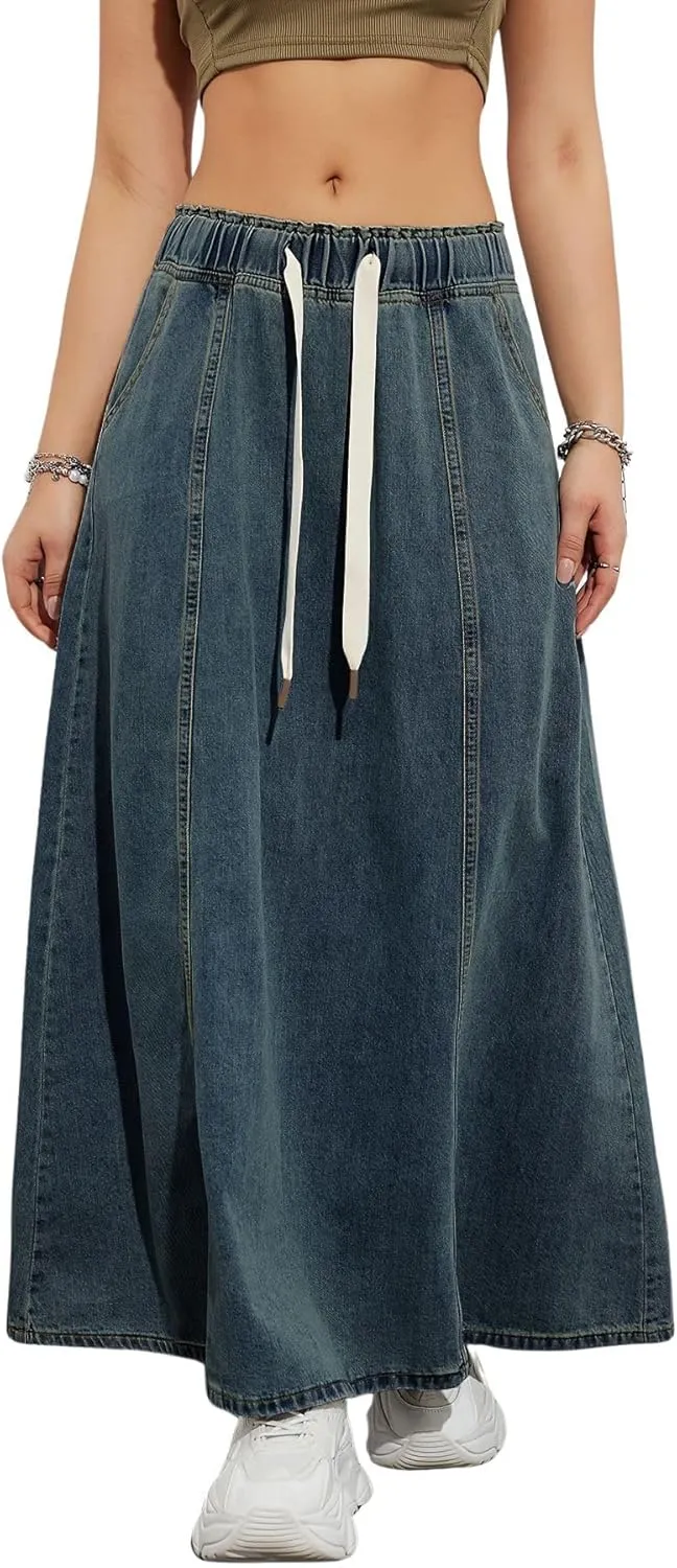 Womens Casual Paperbag Elastic High Waist A-Line Maxi Denim Skirt