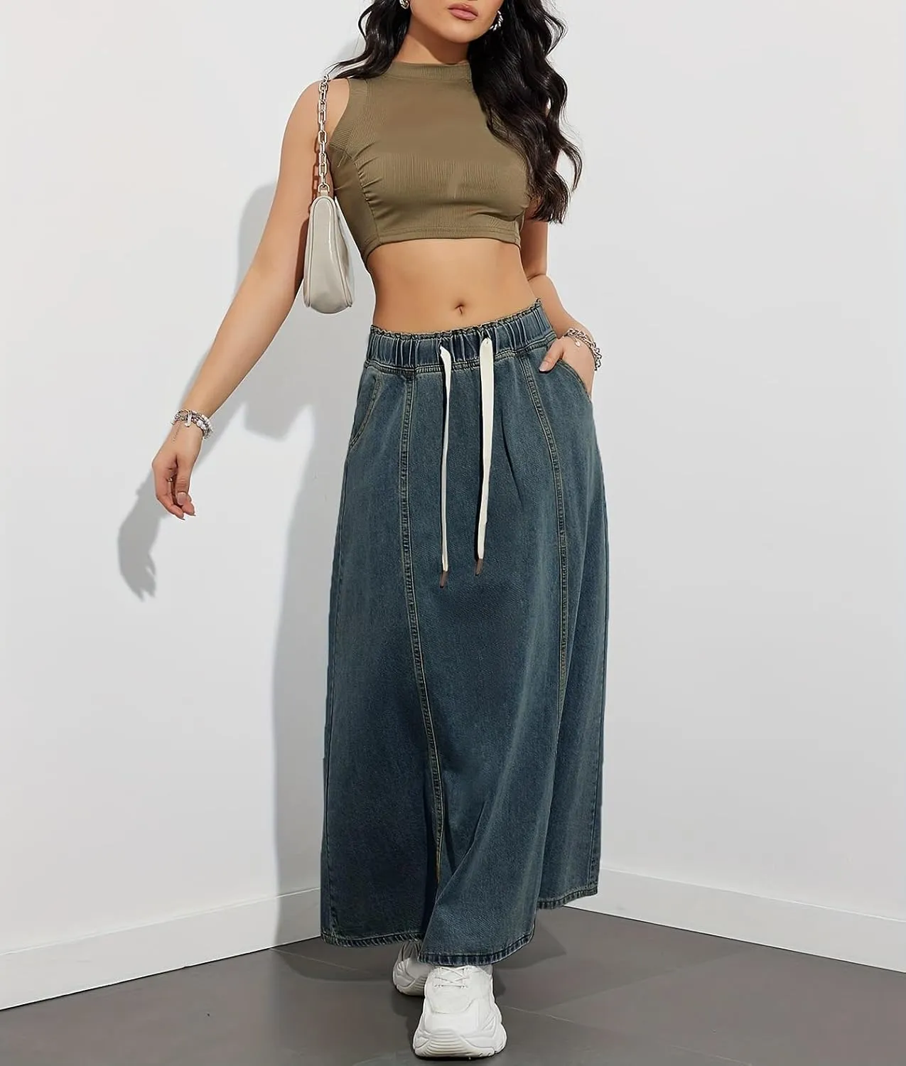 Womens Casual Paperbag Elastic High Waist A-Line Maxi Denim Skirt