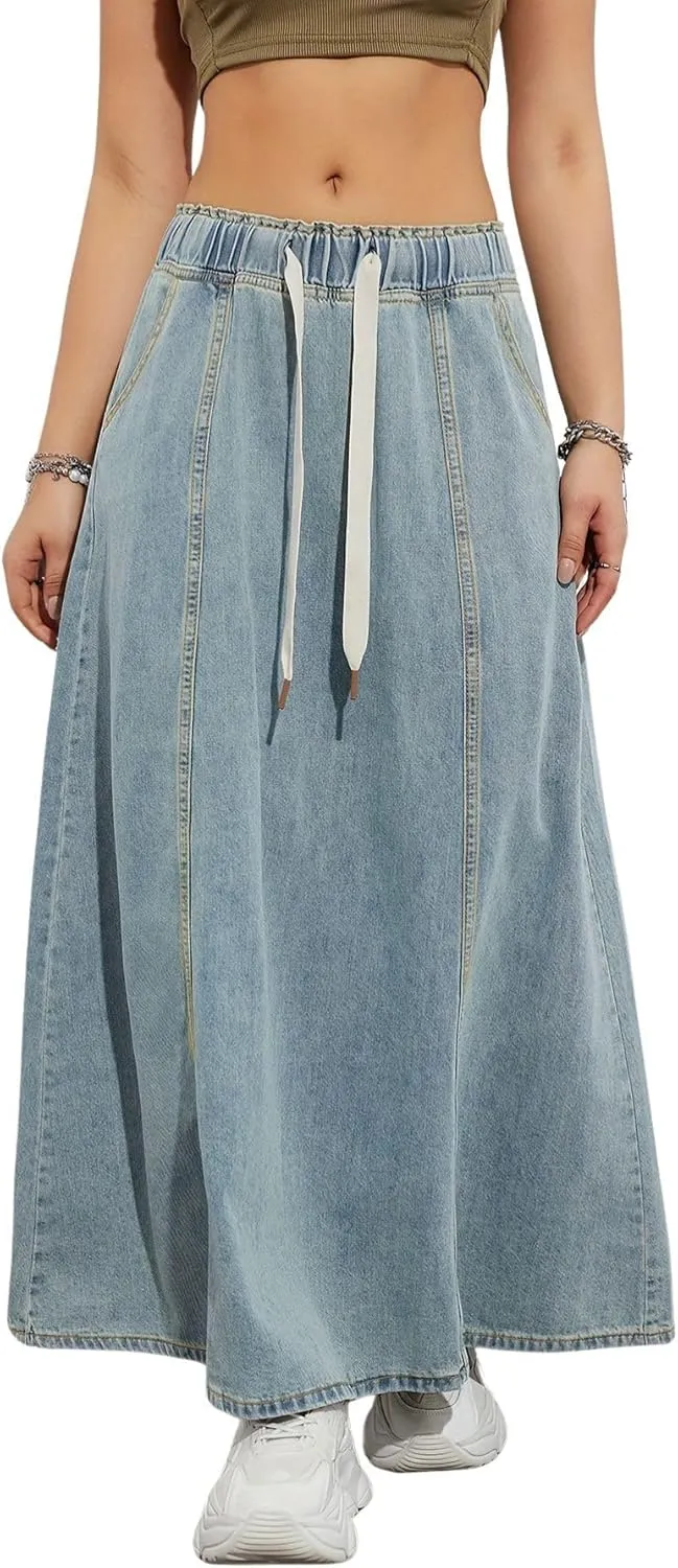 Womens Casual Paperbag Elastic High Waist A-Line Maxi Denim Skirt