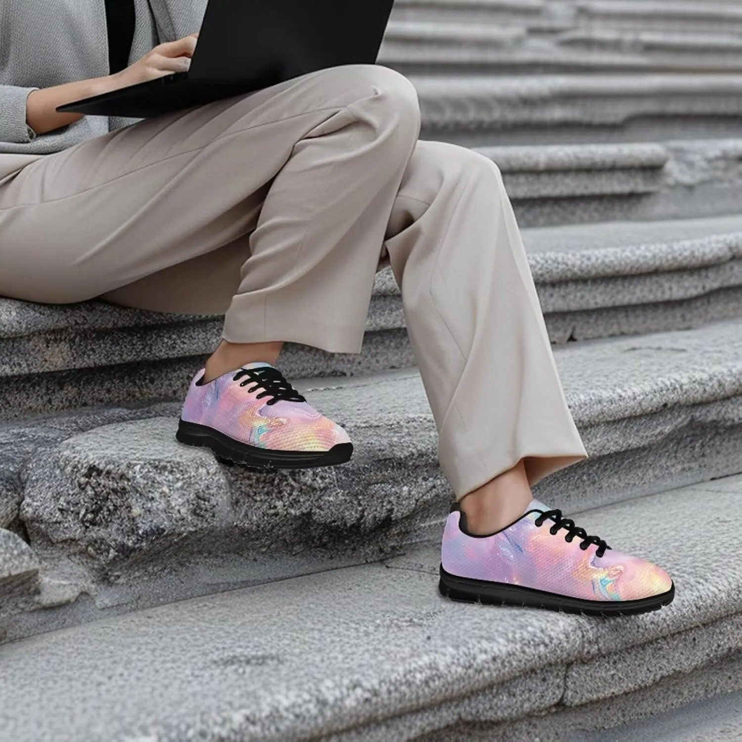 Women's Fashion Sneakers Low Top Casual Shoes Lightweight Wide Arch Support Travel Sneakers for Workout Size 5-12 Black Sole