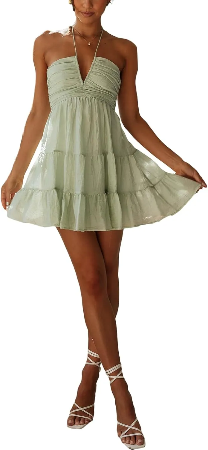 Womens Floral Mini Dress Summer Halter Tie Back Sleeveless A Line Boho Short Dresses Beach Cami Sun Dress