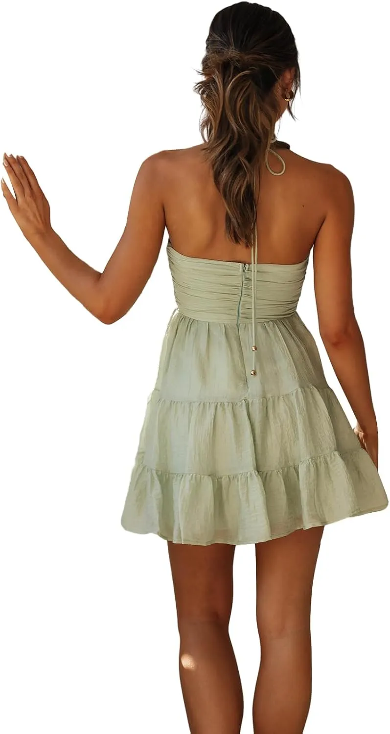 Womens Floral Mini Dress Summer Halter Tie Back Sleeveless A Line Boho Short Dresses Beach Cami Sun Dress