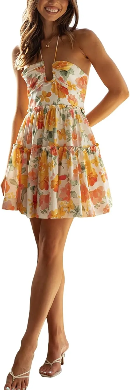 Womens Floral Mini Dress Summer Halter Tie Back Sleeveless A Line Boho Short Dresses Beach Cami Sun Dress