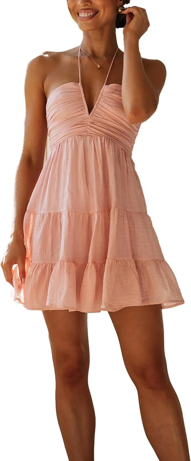 Womens Floral Mini Dress Summer Halter Tie Back Sleeveless A Line Boho Short Dresses Beach Cami Sun Dress