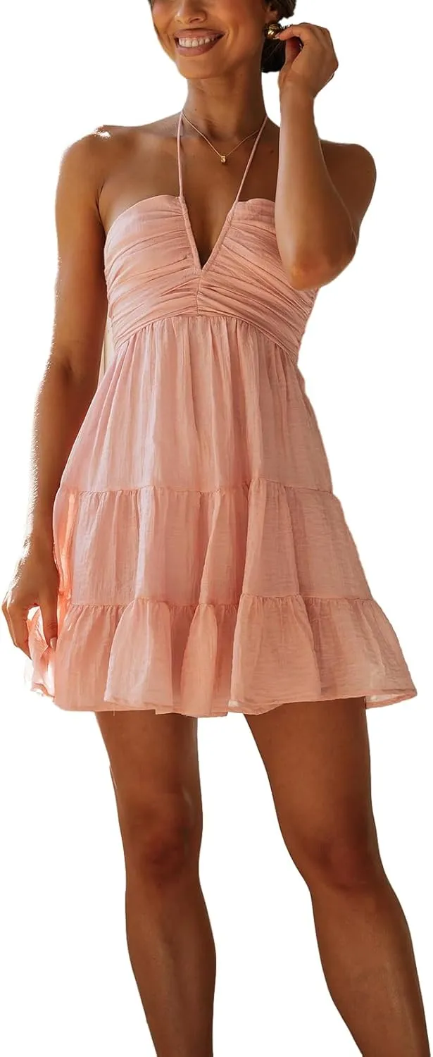 Womens Floral Mini Dress Summer Halter Tie Back Sleeveless A Line Boho Short Dresses Beach Cami Sun Dress