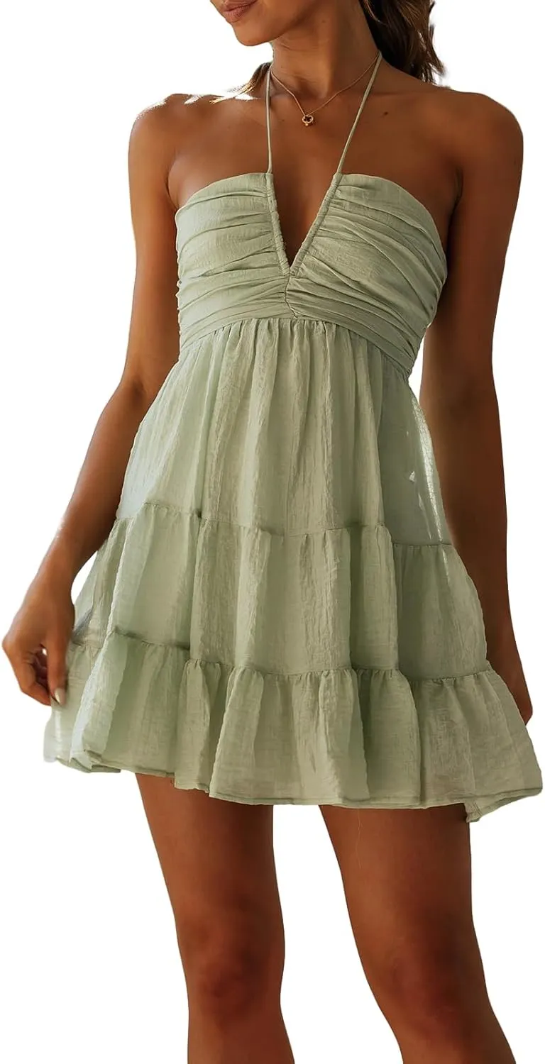 Womens Floral Mini Dress Summer Halter Tie Back Sleeveless A Line Boho Short Dresses Beach Cami Sun Dress