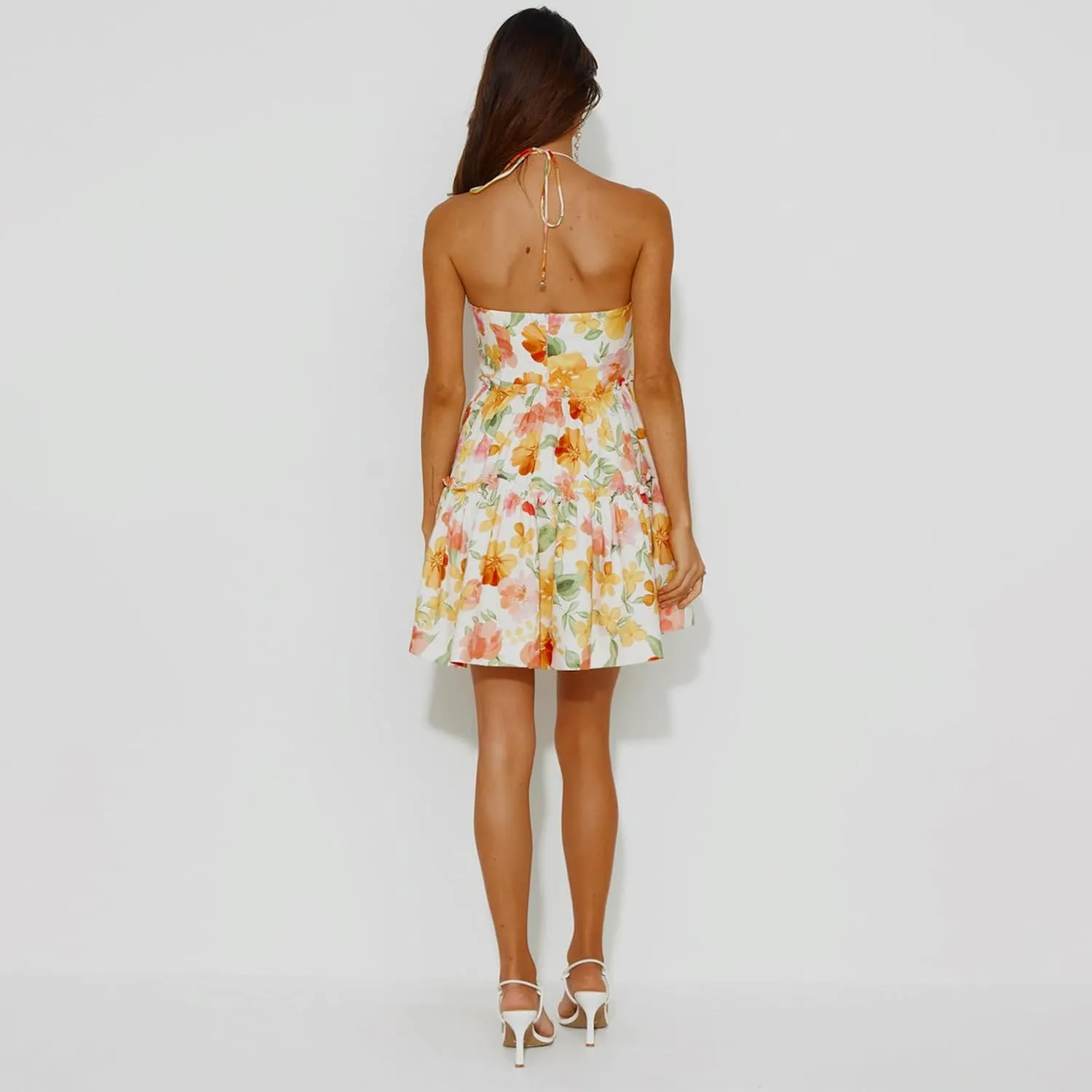 Womens Floral Mini Dress Summer Halter Tie Back Sleeveless A Line Boho Short Dresses Beach Cami Sun Dress