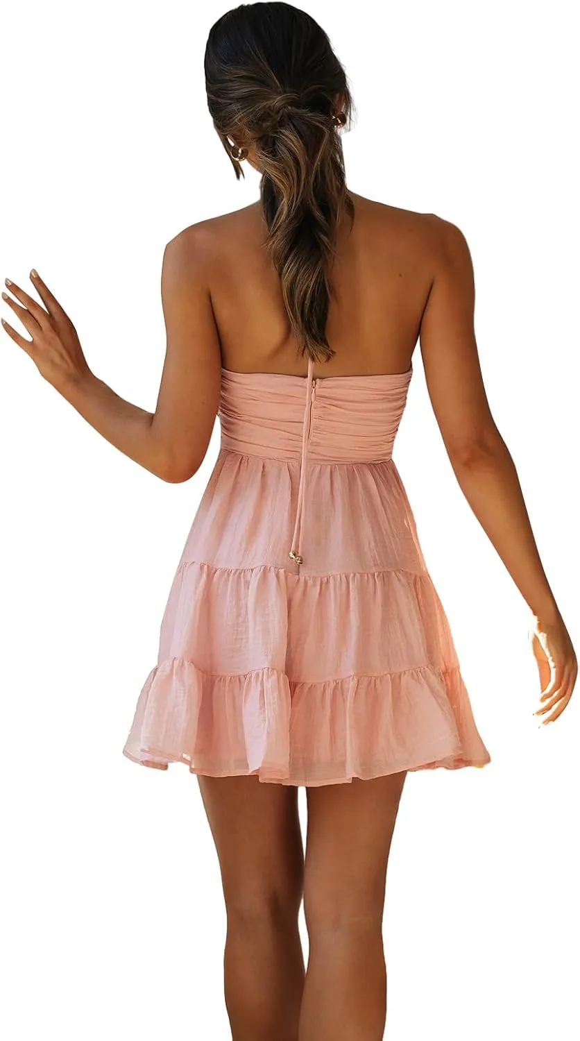 Womens Floral Mini Dress Summer Halter Tie Back Sleeveless A Line Boho Short Dresses Beach Cami Sun Dress
