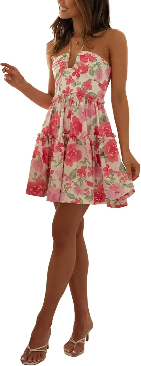 Womens Floral Mini Dress Summer Halter Tie Back Sleeveless A Line Boho Short Dresses Beach Cami Sun Dress
