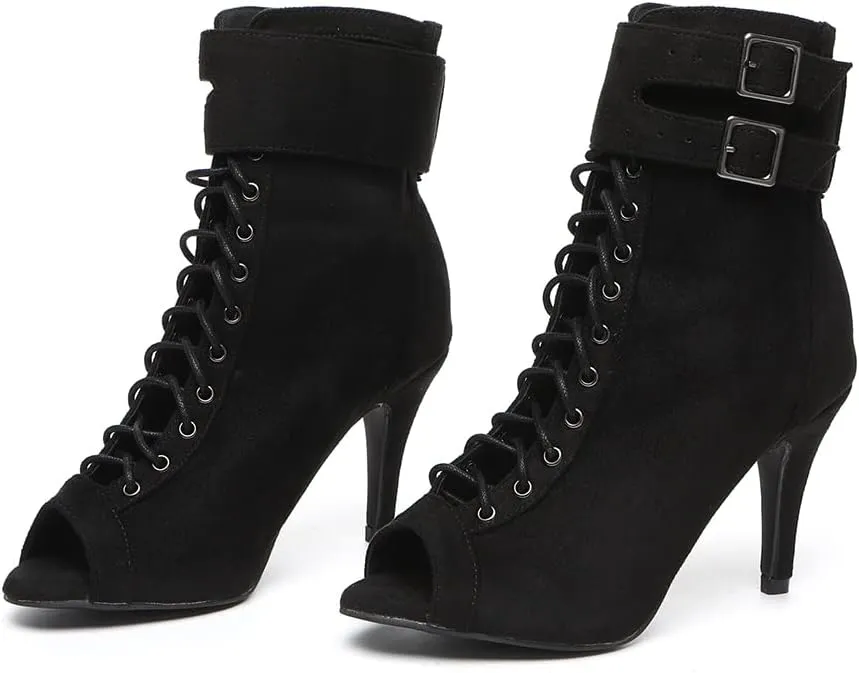 Womens Lace up Latin Dancing Boots Open Toe Ballroom Tango Salsa Dance Shoes with Double Breasted,Model L509