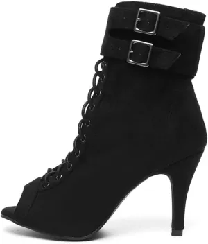 Womens Lace up Latin Dancing Boots Open Toe Ballroom Tango Salsa Dance Shoes with Double Breasted,Model L509