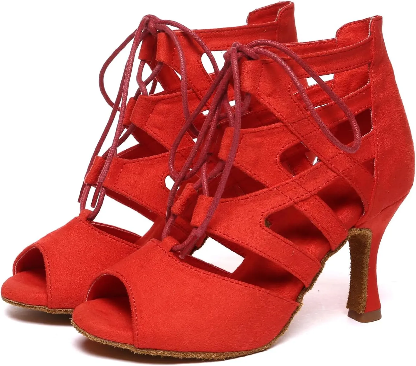 Women's Latin Dance Boots Open Toe Lace-up Salsa Ballroom Practice Dancing Shoes,YC-L609-Suede Sole-3heel