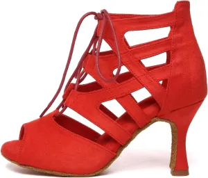 Women's Latin Dance Boots Open Toe Lace-up Salsa Ballroom Practice Dancing Shoes,YC-L609-Suede Sole-3heel