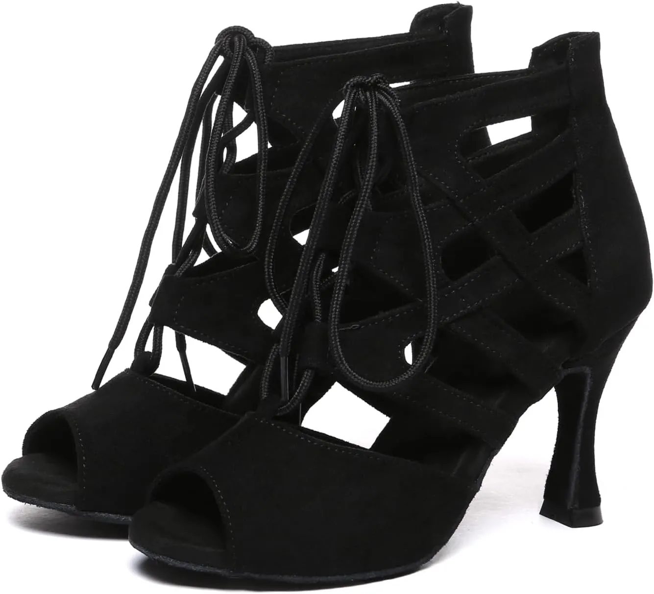 Women's Latin Dance Boots Open Toe Lace-up Salsa Ballroom Practice Dancing Shoes,YC-L609-Suede Sole-3heel