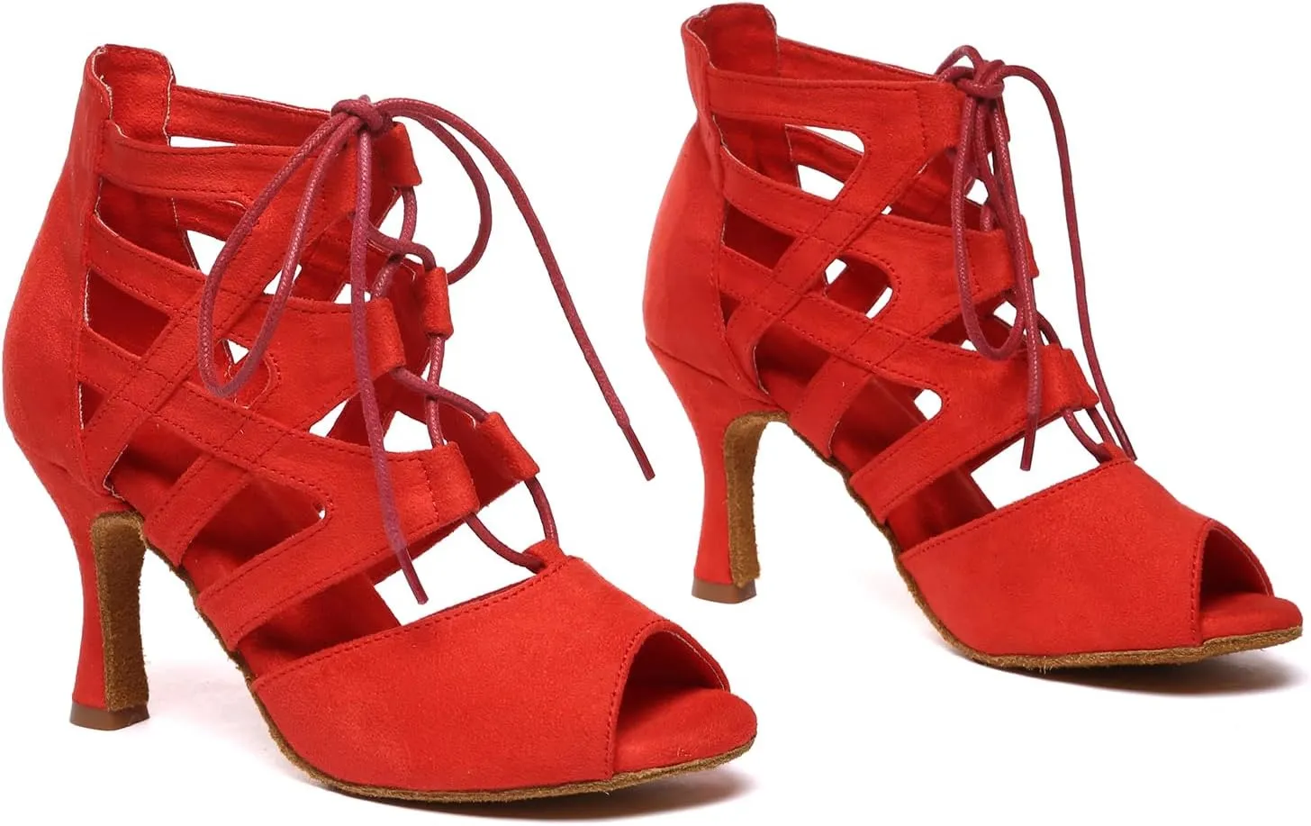 Women's Latin Dance Boots Open Toe Lace-up Salsa Ballroom Practice Dancing Shoes,YC-L609-Suede Sole-3heel