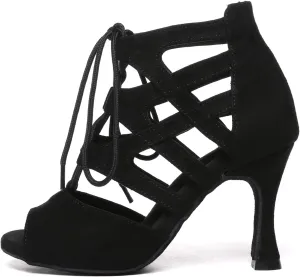 Women's Latin Dance Boots Open Toe Lace-up Salsa Ballroom Practice Dancing Shoes,YC-L609-Suede Sole-3heel