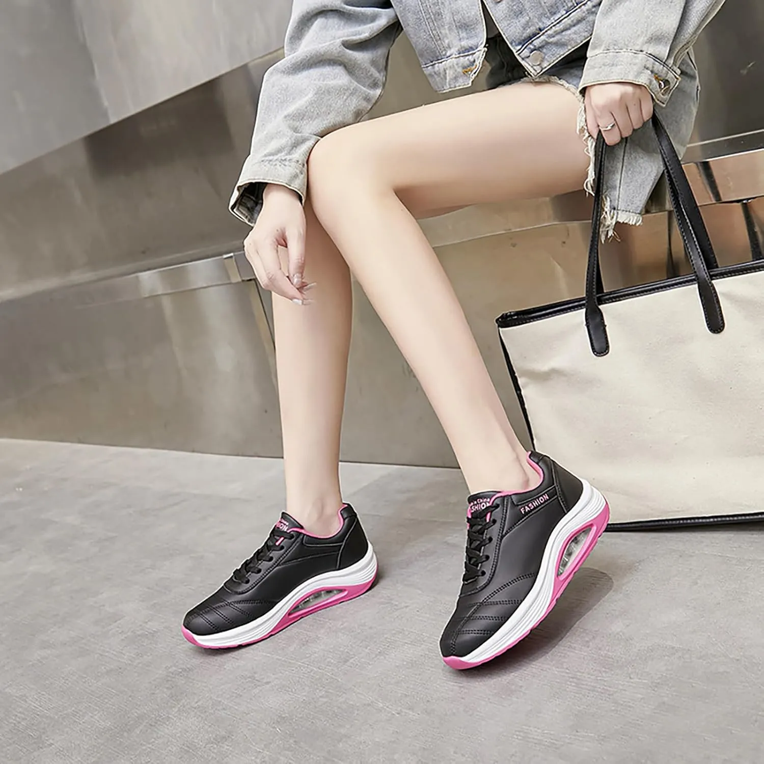 Women's Leather Lace-up Orthotic Air Cushion Sneakers,Arch Support Comfortable Soft Sole Walking Rocker Shoes Fashion Breathable Gym Jogging Running Tennis Shoes