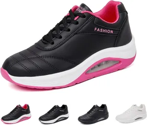 Women's Leather Lace-up Orthotic Air Cushion Sneakers,Arch Support Comfortable Soft Sole Walking Rocker Shoes Fashion Breathable Gym Jogging Running Tennis Shoes