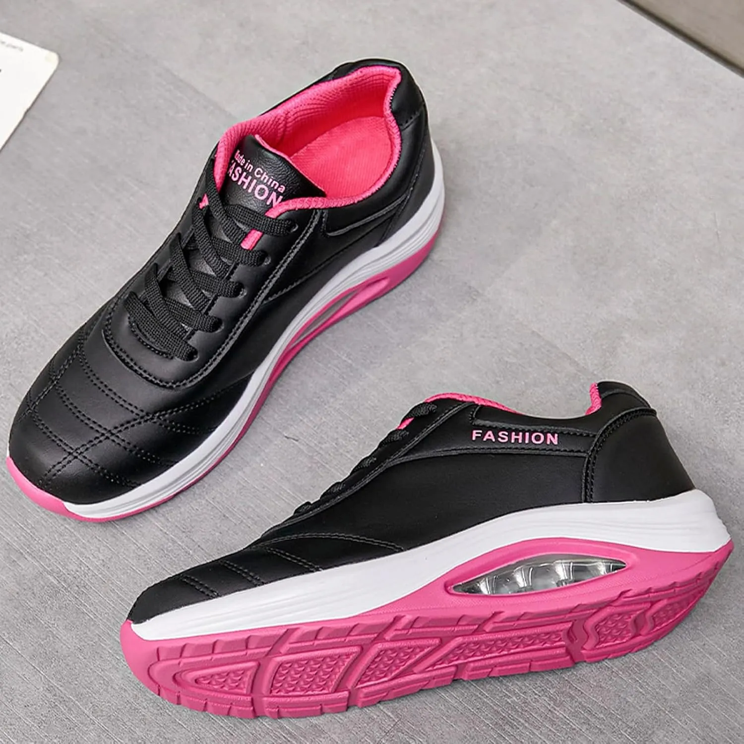 Women's Leather Lace-up Orthotic Air Cushion Sneakers,Arch Support Comfortable Soft Sole Walking Rocker Shoes Fashion Breathable Gym Jogging Running Tennis Shoes