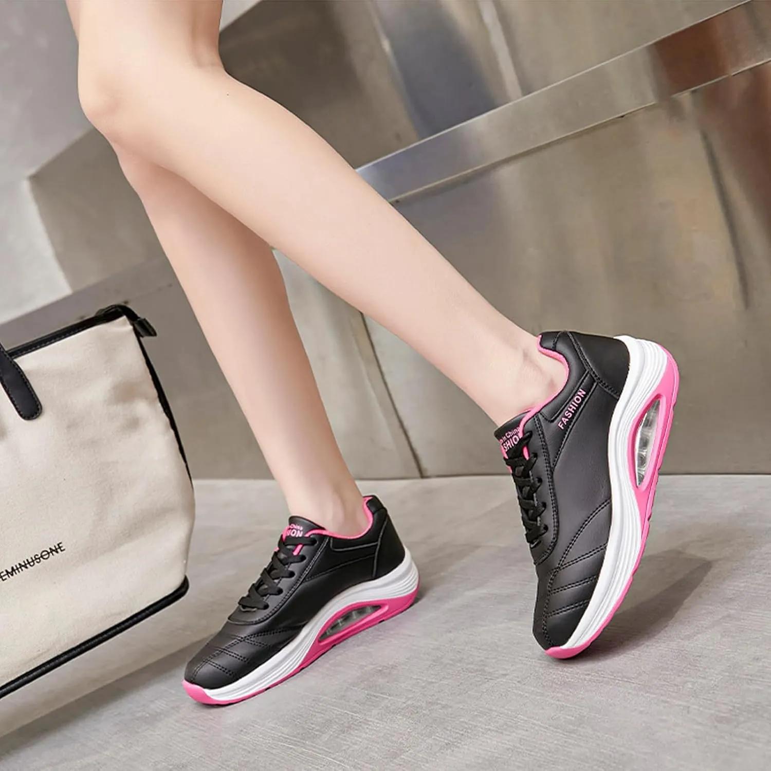 Women's Leather Lace-up Orthotic Air Cushion Sneakers,Arch Support Comfortable Soft Sole Walking Rocker Shoes Fashion Breathable Gym Jogging Running Tennis Shoes