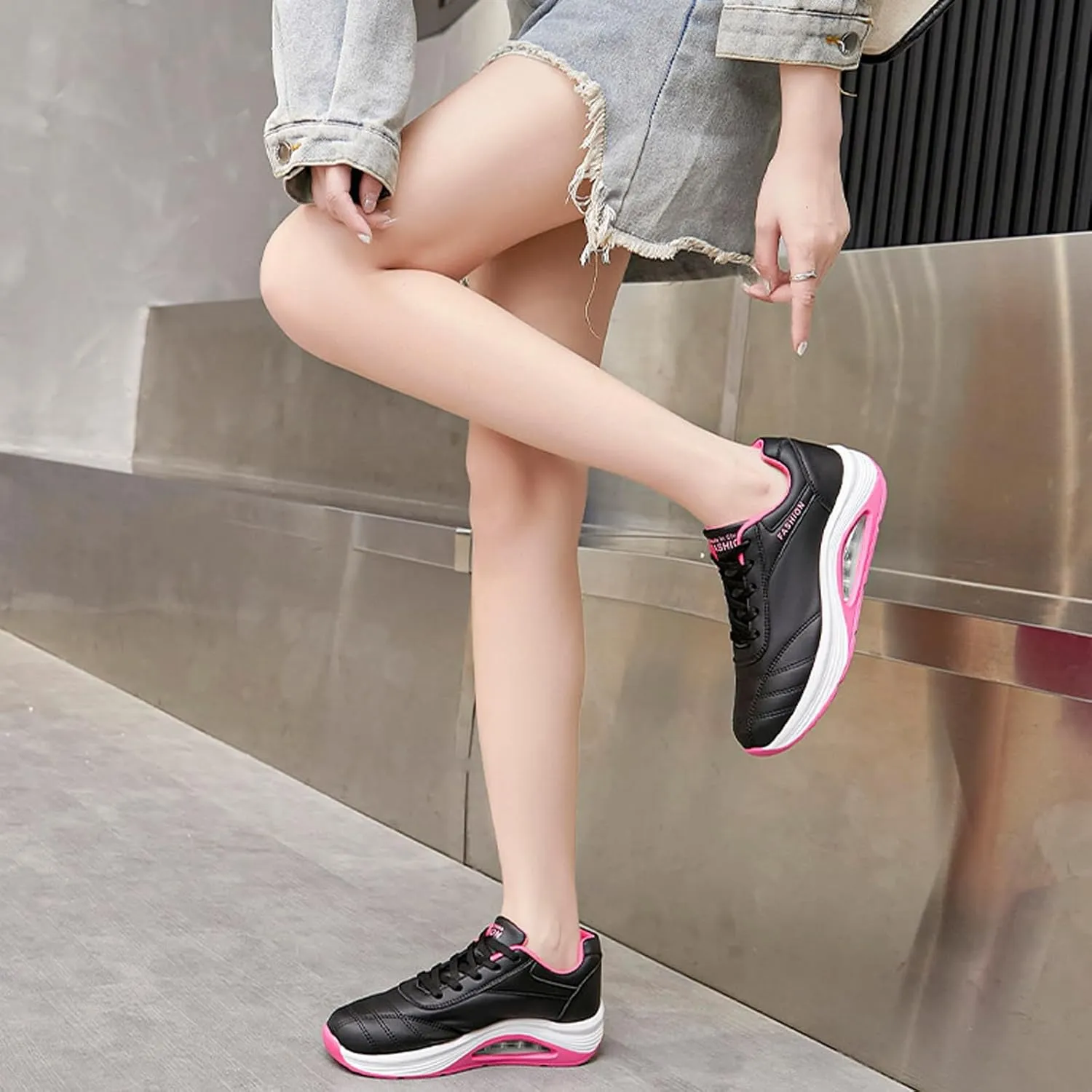 Women's Leather Lace-up Orthotic Air Cushion Sneakers,Arch Support Comfortable Soft Sole Walking Rocker Shoes Fashion Breathable Gym Jogging Running Tennis Shoes
