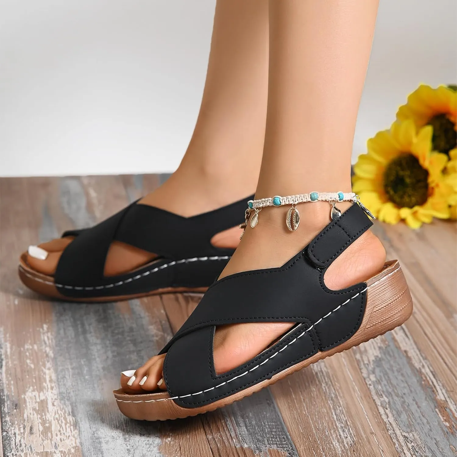 Womens Orthopedic Wedge Sandals Summer Comfortable Casual Slides Sandals with Arch Support Criss Cross Buckle Ankle Strap Wedge Shoes