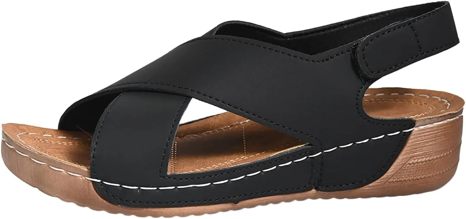 Womens Orthopedic Wedge Sandals Summer Comfortable Casual Slides Sandals with Arch Support Criss Cross Buckle Ankle Strap Wedge Shoes