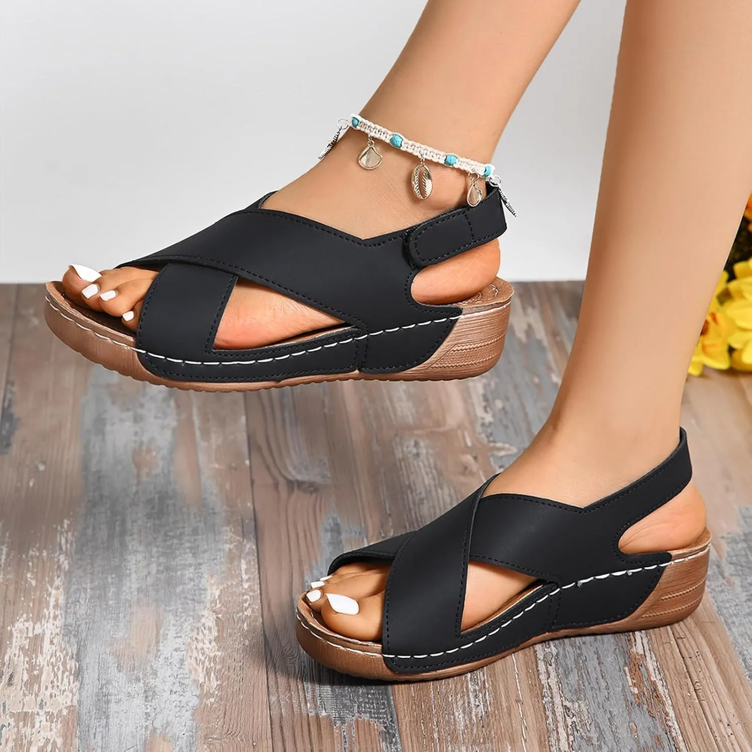 Womens Orthopedic Wedge Sandals Summer Comfortable Casual Slides Sandals with Arch Support Criss Cross Buckle Ankle Strap Wedge Shoes
