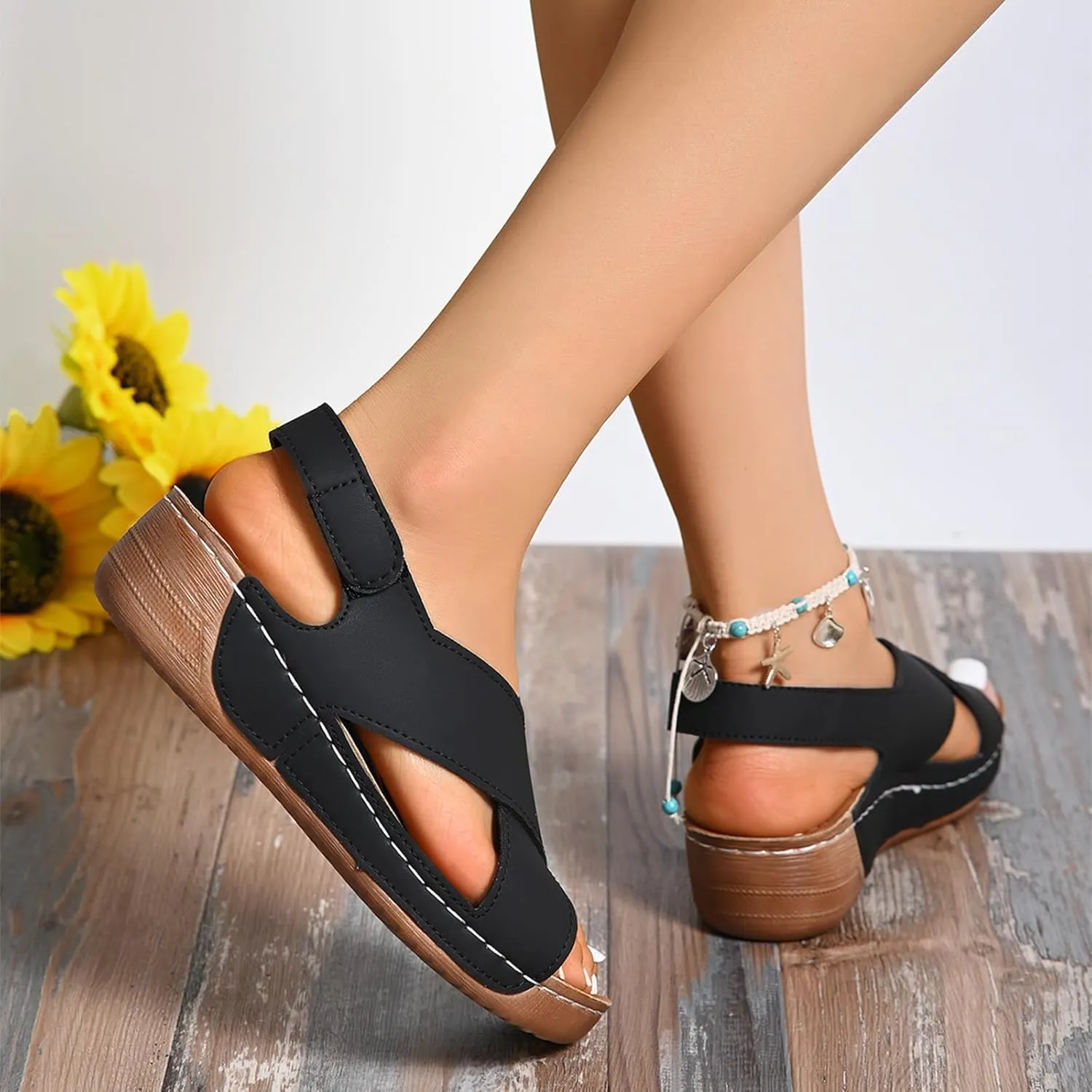 Womens Orthopedic Wedge Sandals Summer Comfortable Casual Slides Sandals with Arch Support Criss Cross Buckle Ankle Strap Wedge Shoes