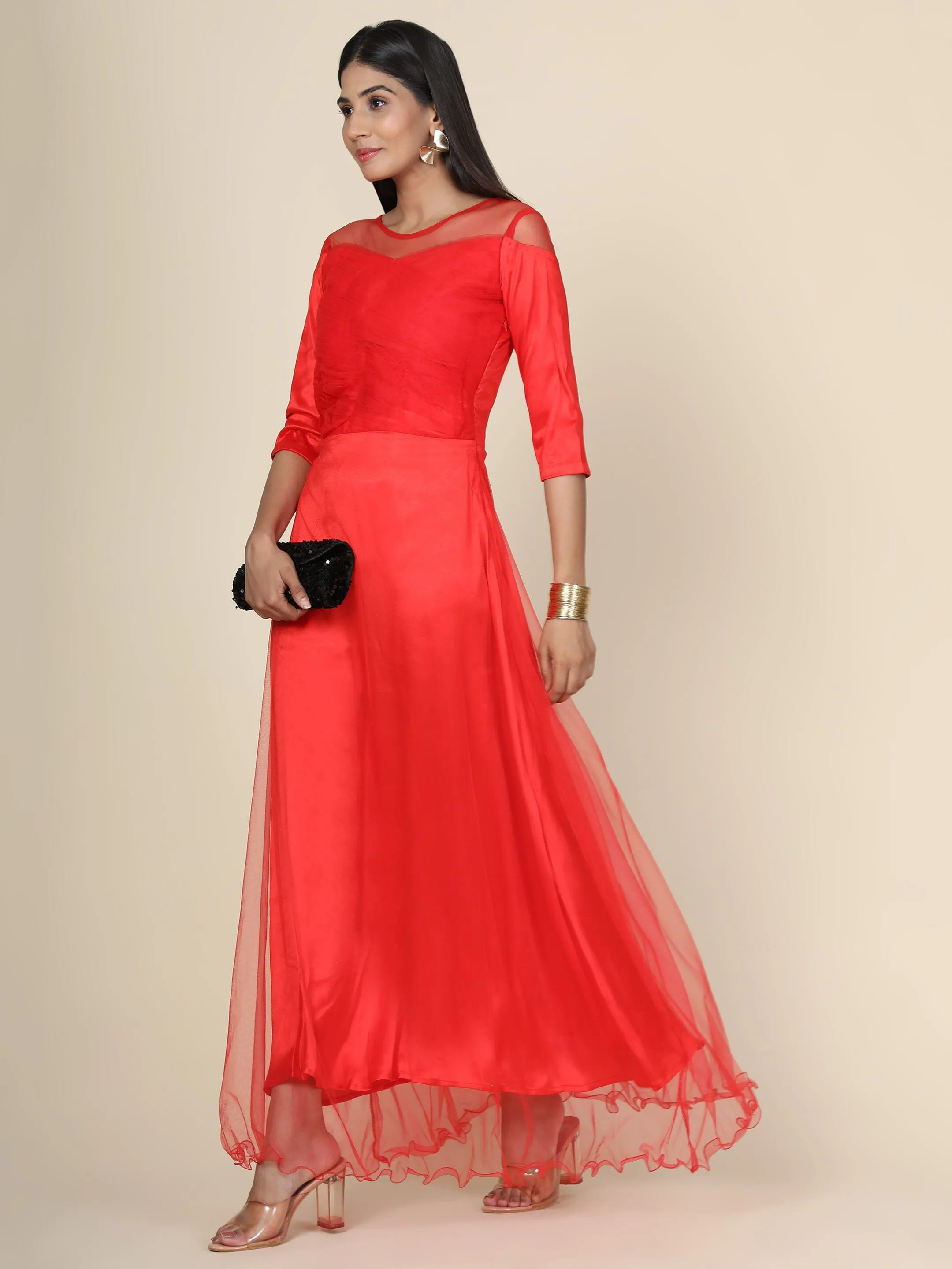 Women's Pleat Draped Red Gown