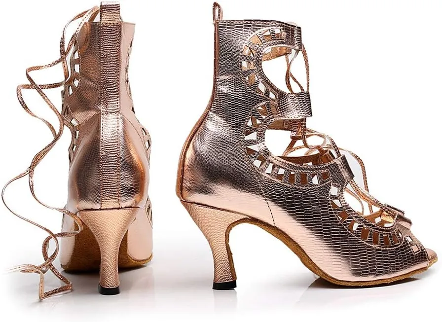 Women's PU Latin Ballroom Ankle Dance Shoes Lace up Salsa Tango Performance Dancing Boots,Model-5013