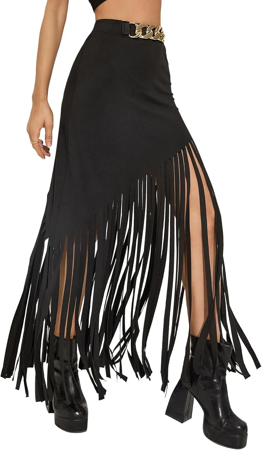 Women's Punk Gothic Maxi Skirt with Tassel, Causal Skirt for Party