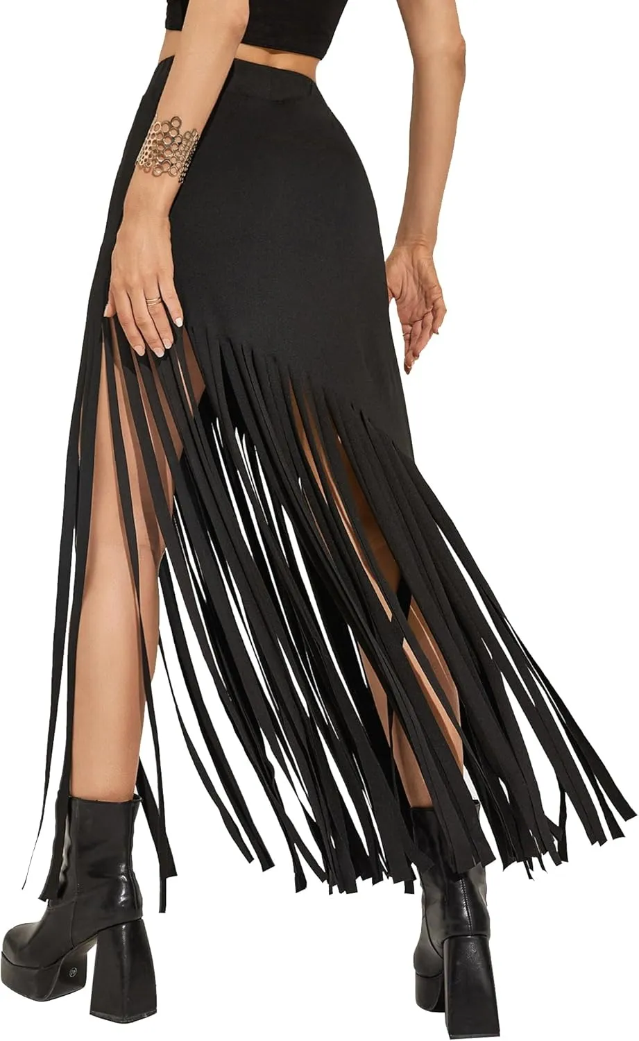 Women's Punk Gothic Maxi Skirt with Tassel, Causal Skirt for Party