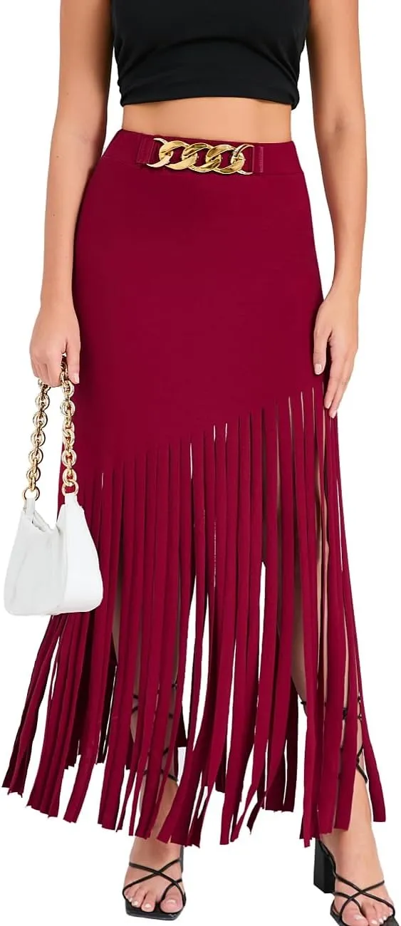 Women's Punk Gothic Maxi Skirt with Tassel, Causal Skirt for Party
