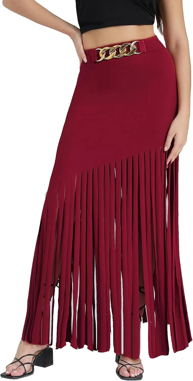 Women's Punk Gothic Maxi Skirt with Tassel, Causal Skirt for Party
