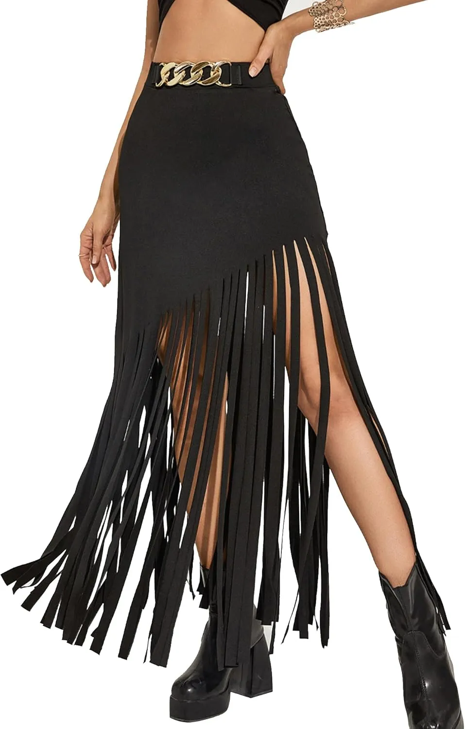 Women's Punk Gothic Maxi Skirt with Tassel, Causal Skirt for Party