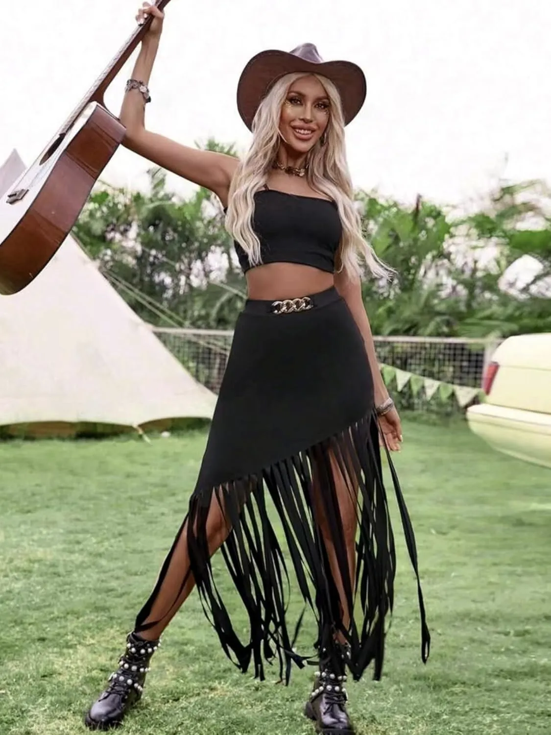 Women's Punk Gothic Maxi Skirt with Tassel, Causal Skirt for Party