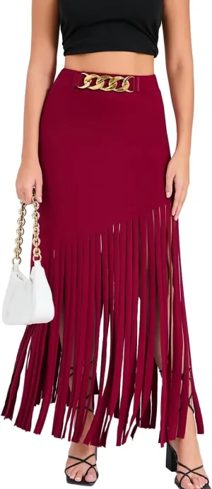 Women's Punk Gothic Maxi Skirt with Tassel, Causal Skirt for Party
