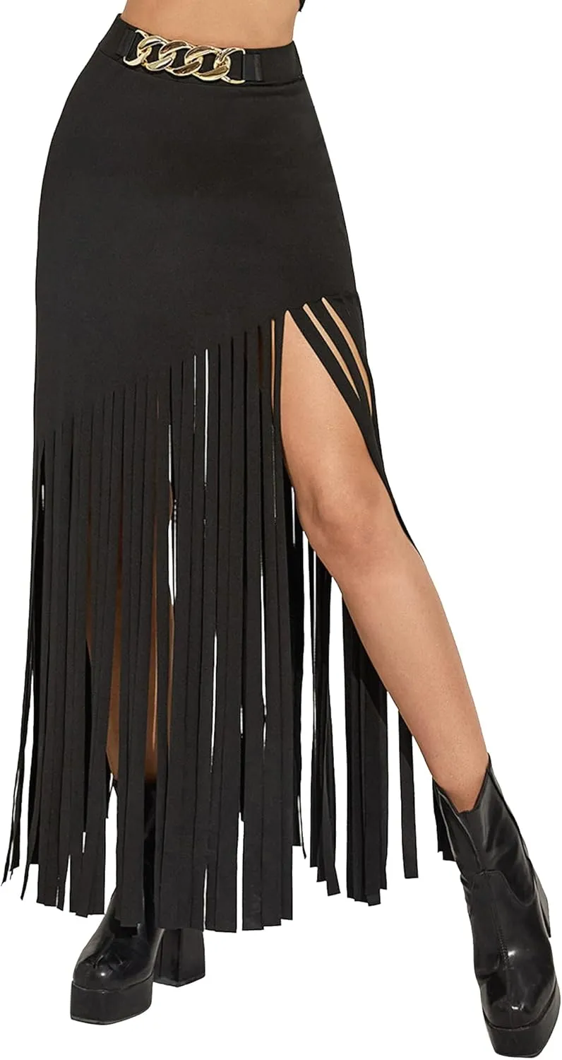 Women's Punk Gothic Maxi Skirt with Tassel, Causal Skirt for Party