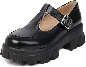 Women's Retro Round Toe T-Strap Mary Jane Pump Shoes Leather Platform Oxford Uniform Dress Pumps