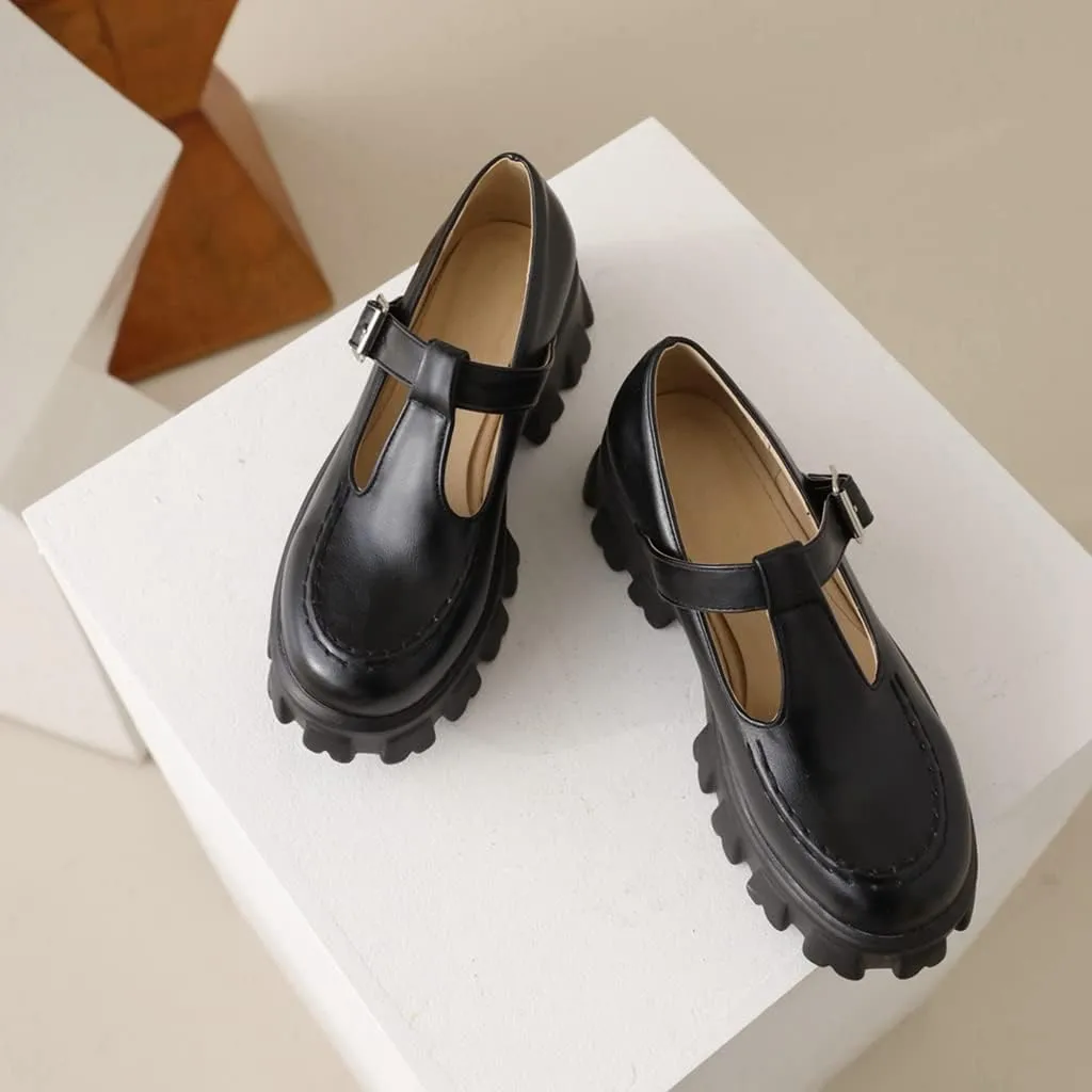 Women's Retro Round Toe T-Strap Mary Jane Pump Shoes Leather Platform Oxford Uniform Dress Pumps