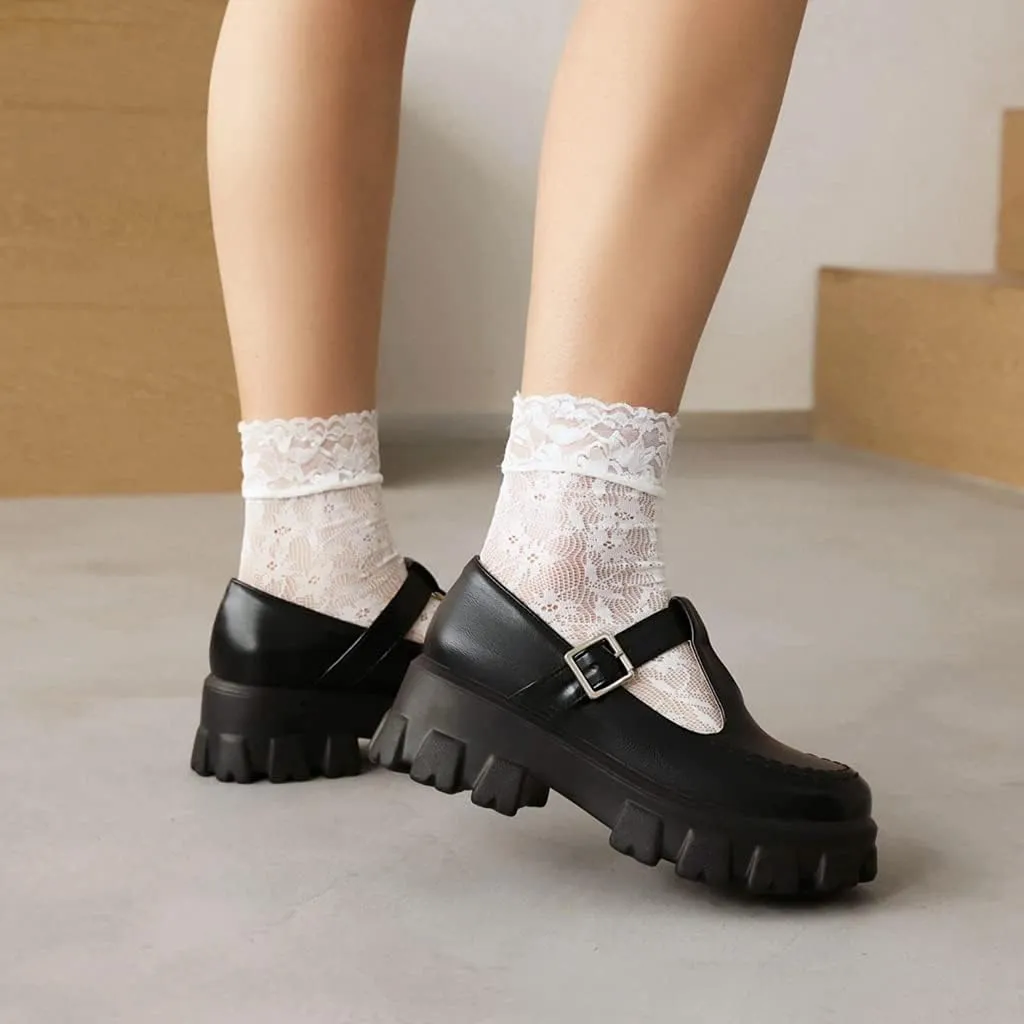 Women's Retro Round Toe T-Strap Mary Jane Pump Shoes Leather Platform Oxford Uniform Dress Pumps