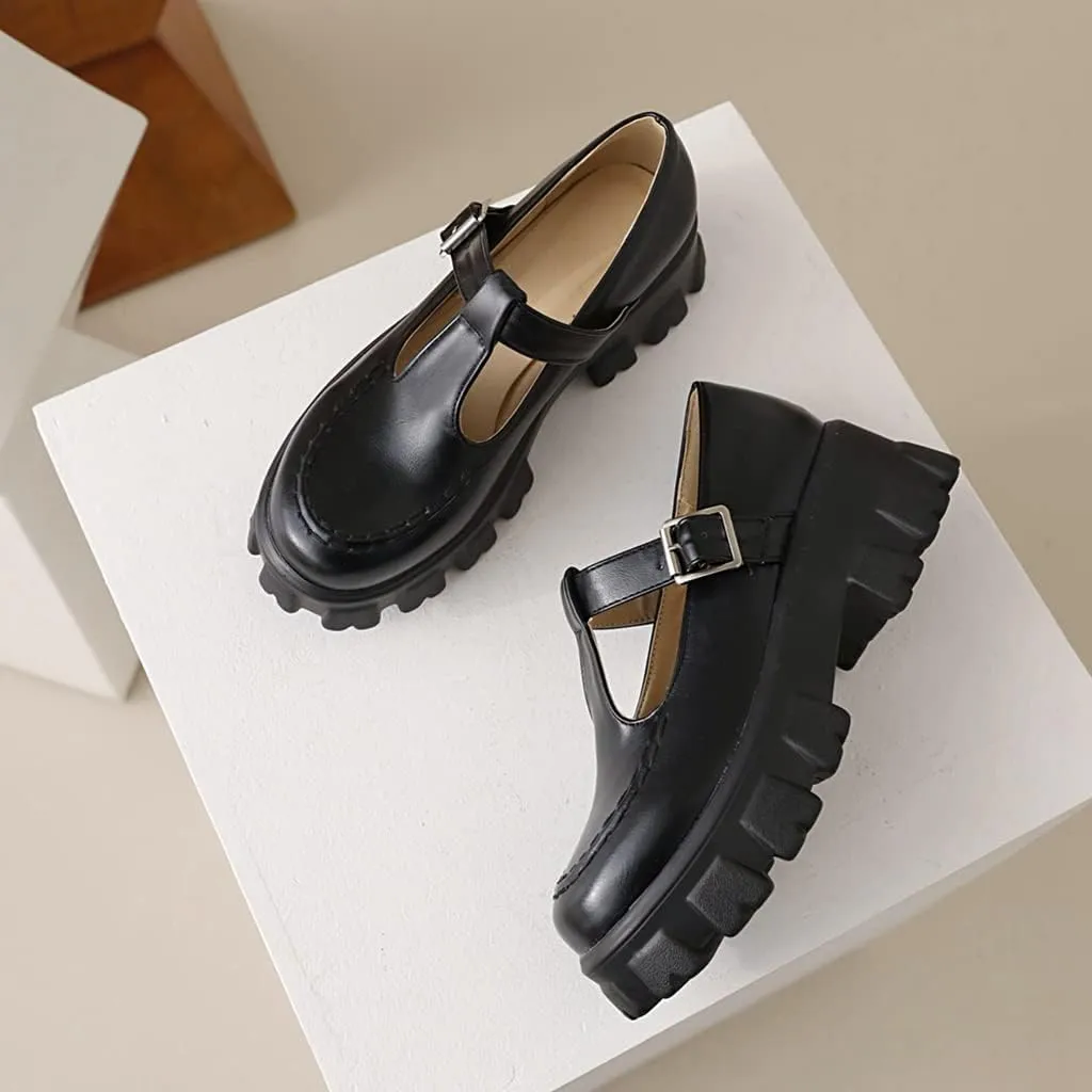 Women's Retro Round Toe T-Strap Mary Jane Pump Shoes Leather Platform Oxford Uniform Dress Pumps
