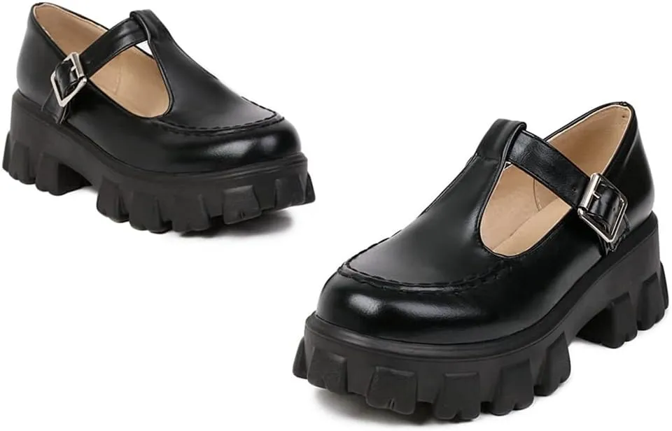 Women's Retro Round Toe T-Strap Mary Jane Pump Shoes Leather Platform Oxford Uniform Dress Pumps
