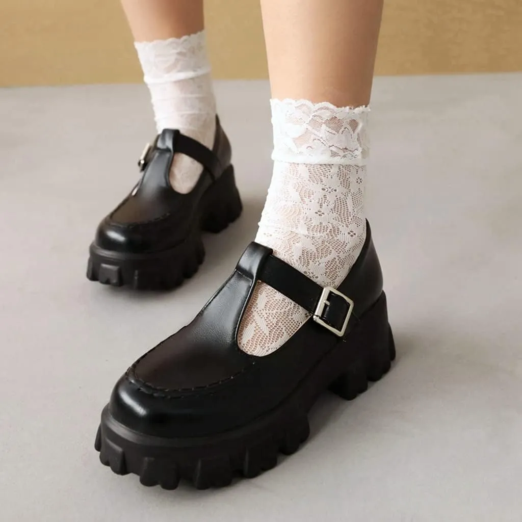 Women's Retro Round Toe T-Strap Mary Jane Pump Shoes Leather Platform Oxford Uniform Dress Pumps